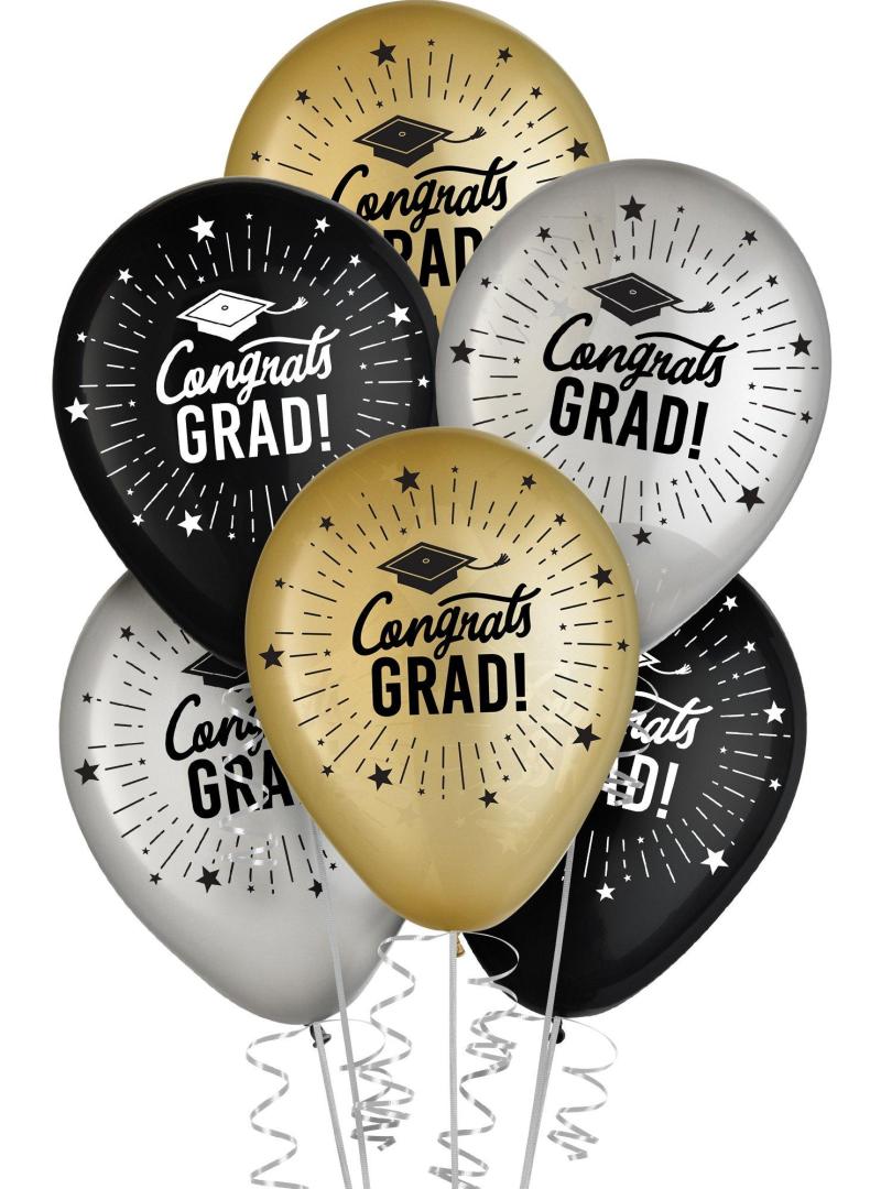 15Ct, 12In, Black, Silver & Gold Congrats Grad Latex Balloons  |  Latex Latex Latex