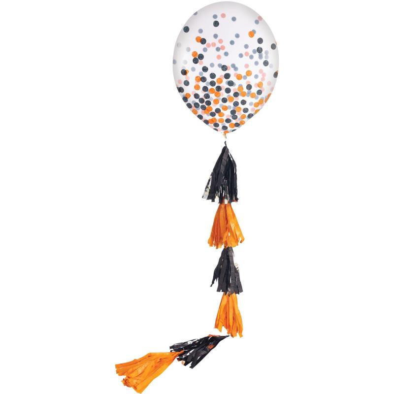 1Ct, 24In, Black & Orange Confetti Balloon With Tassel Tail – Halloween  |  Latex Latex Latex