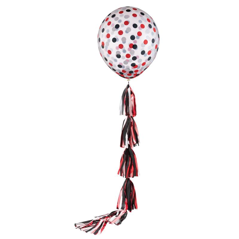 1Ct, 24In, Red Confetti Latex Balloon With Tassel Tail – School Colors  |  Latex Latex Latex