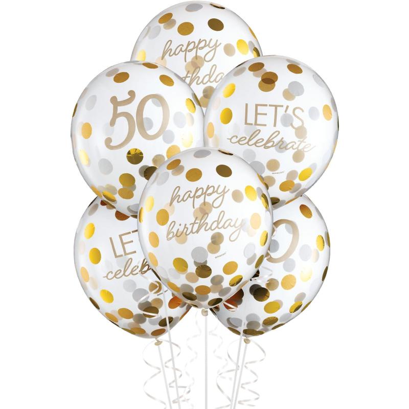 6Ct, 12In, Metallic Golden Age 50Th Birthday Latex Confetti Balloons  |  Milestone Milestone Milestone