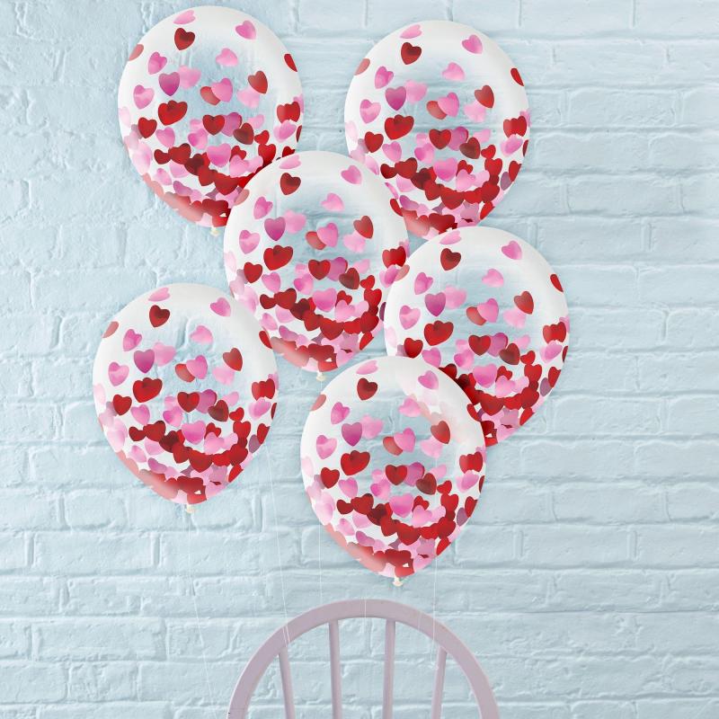 6Ct, 12In, Metallic Pink & Red Heart Confetti Latex Balloon  |  Latex Latex Latex