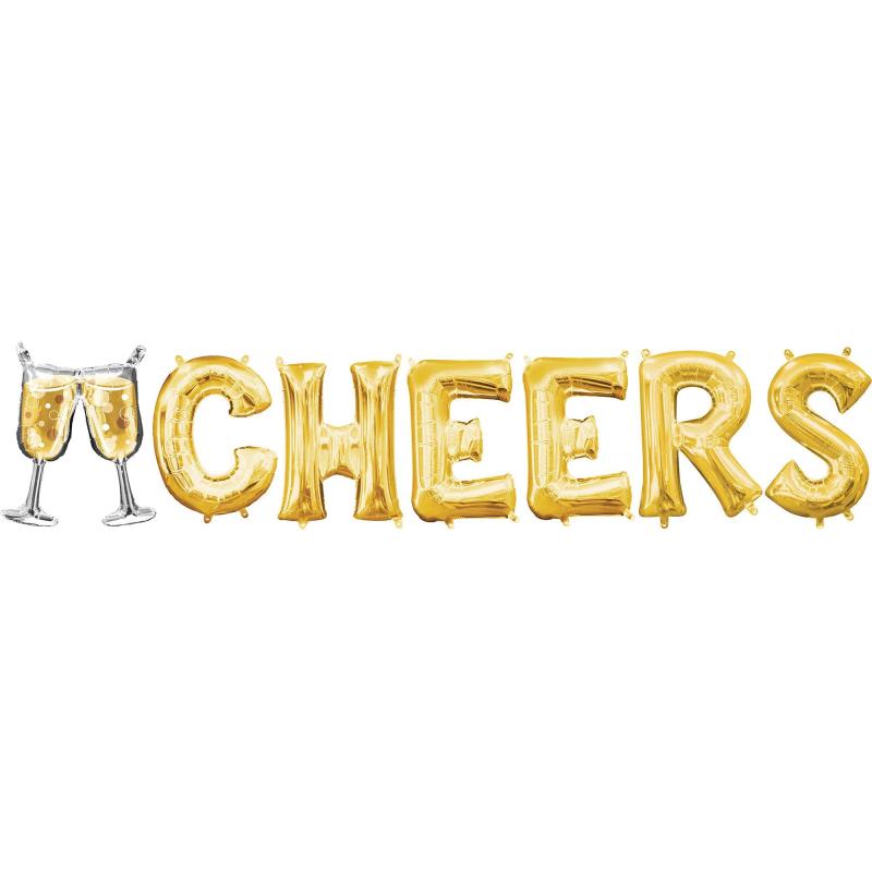 Air-Filled Gold Cheers & Champagne Flute Foil Balloon Phrase Banner, 16In Letters  |  Letter Letter Letter