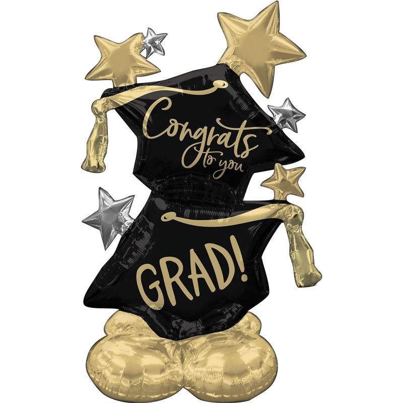 Airloonz Black, Silver & Gold Congrats Grad Cap & Star Balloon, 51In  |  Giant Giant Giant