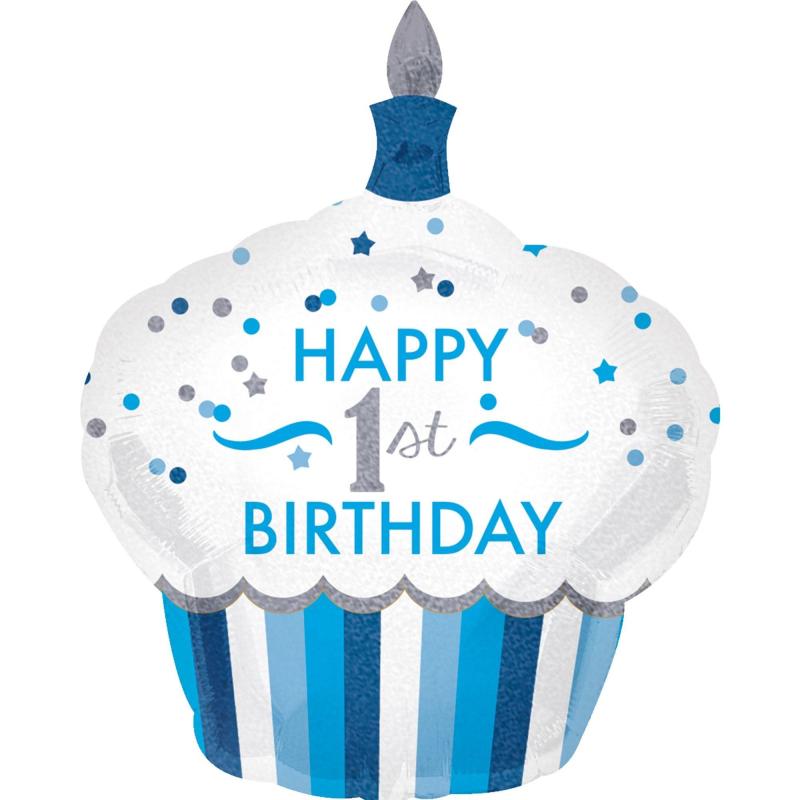 Blue Cupcake 1St Birthday Balloon 29In X 36In  |  Milestone Milestone Milestone