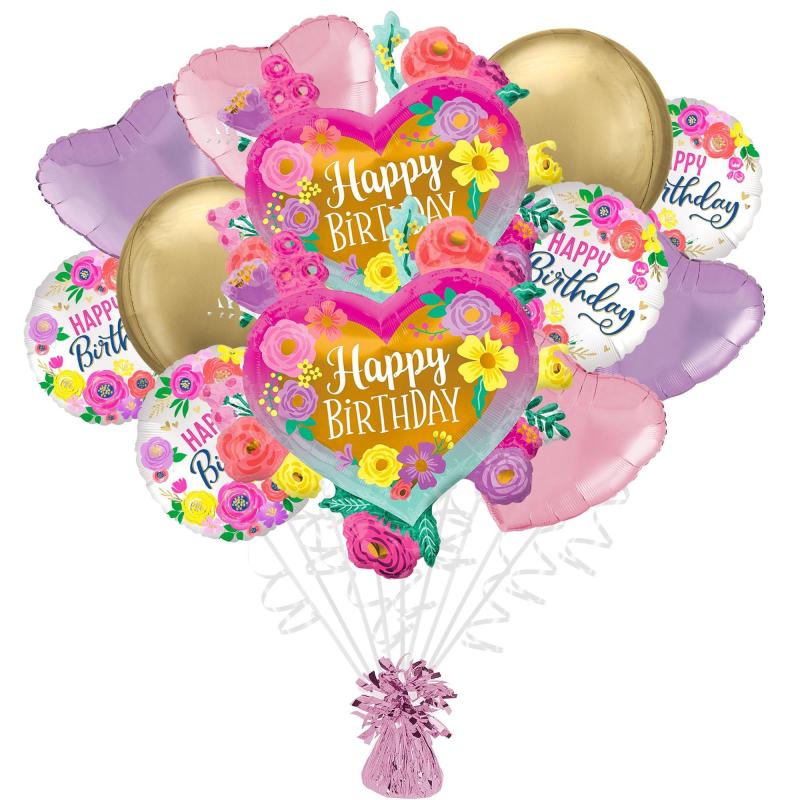 Premium Painted Flowers Birthday Foil Balloon Bouquet With Balloon Weight, 13Pc  |  Balloon Bouquets Balloon Bouquets Balloon Bouquets