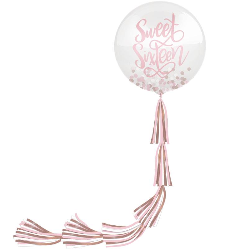 Rose Gold Sweet Sixteen Latex Confetti Balloon (24In) With Tail (5.25Ft)  |  Latex Latex Latex