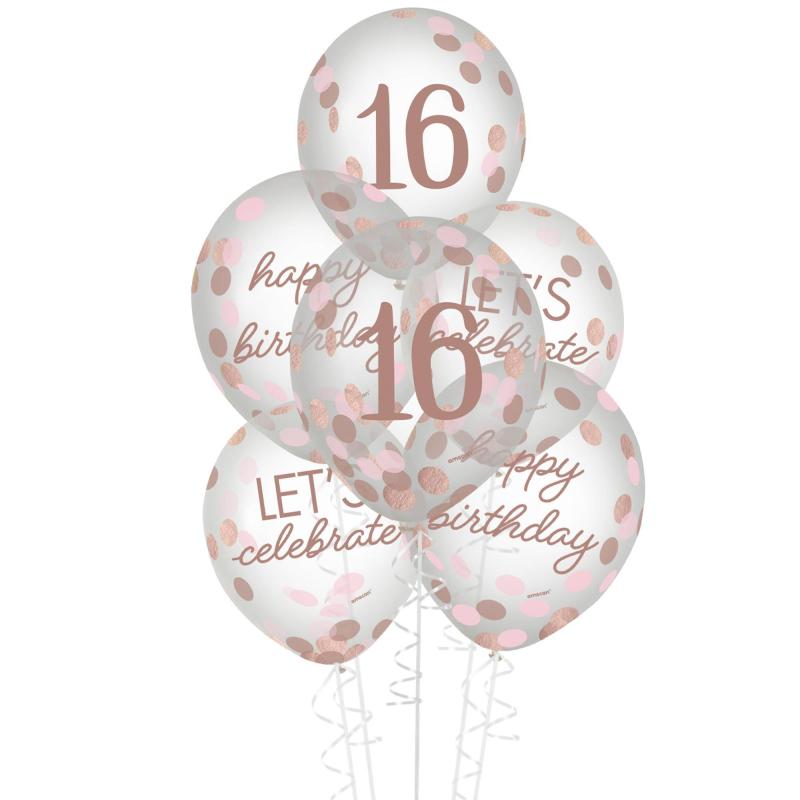 Rose Gold Sweet Sixteen Latex & Confetti Balloons, 12In, 6Ct  |  Latex Latex Latex