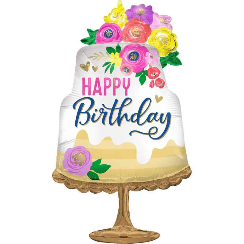 Satin Artful Floral Happy Birthday Cake-Shaped Foil Balloon, 19In X 32In  |  Giant Giant Giant