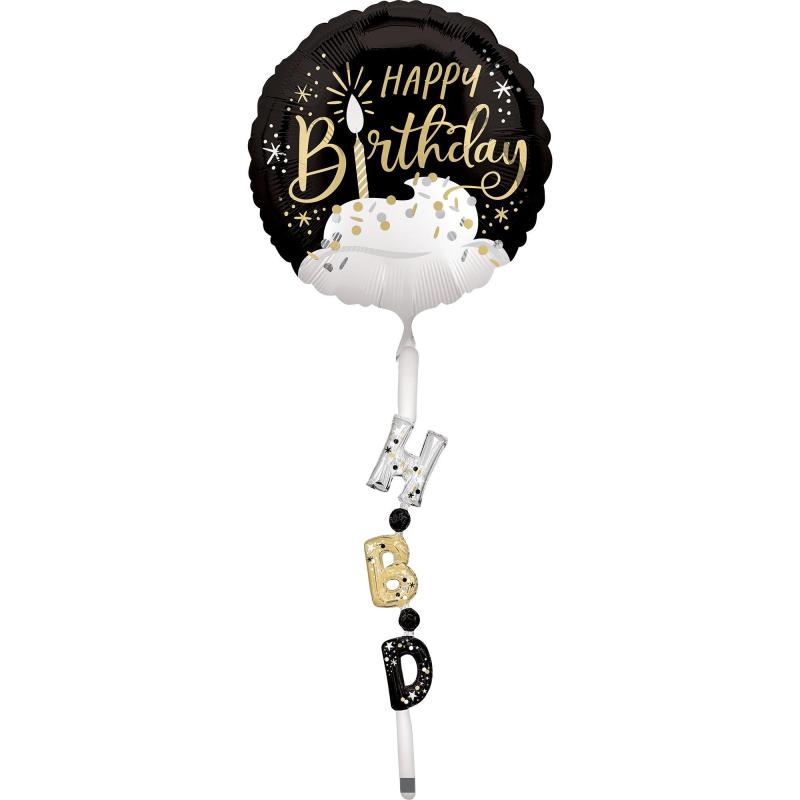 Satin Black, Silver & Gold Happy Birthday Foil Balloon (24In) With Balloon Tail (3.75Ft)  |  Giant Giant Giant