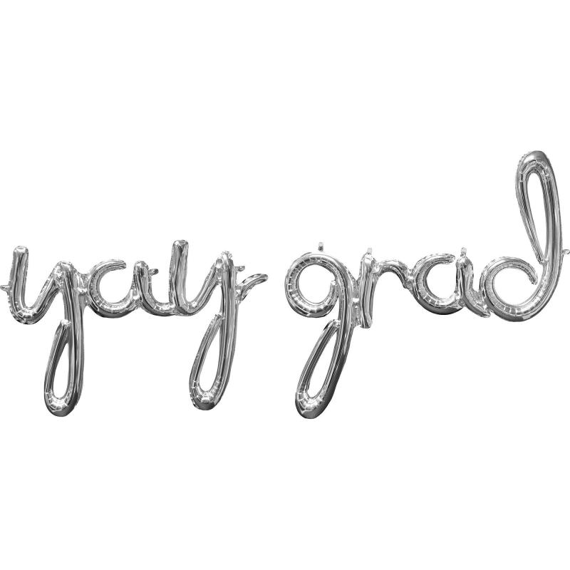 Silver Yay Grad Cursive Letter Balloon Phrase, 33In, 2Pc  |  Letter Letter Letter