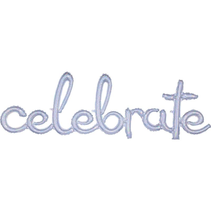 Air-Filled Prismatic Silver Celebrate Cursive Letter Balloon Banner  |  Shop by Color Shop by Color Shop by Color