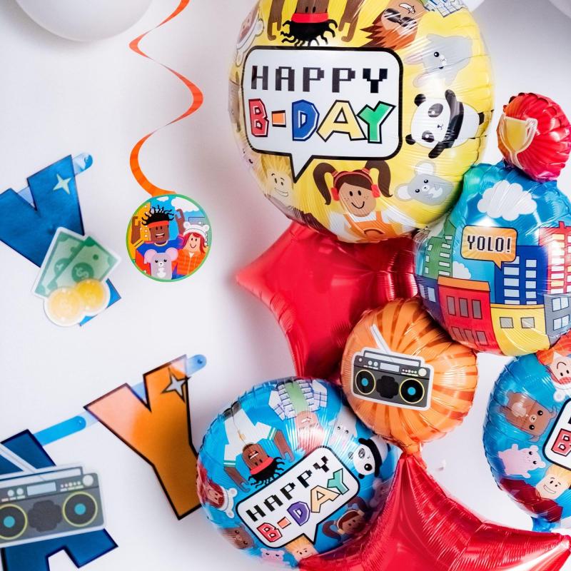 Party Town Birthday Foil Balloon Bouquet, 5Pc  |  Characters Characters Characters